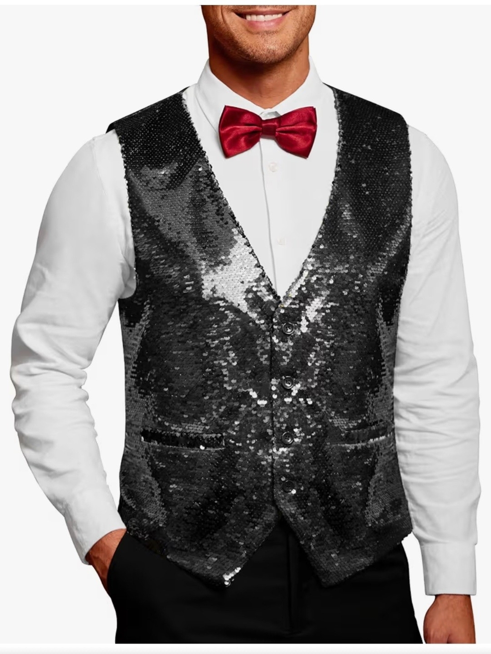 Men's Black Sequin Vest with Red Bow Tie